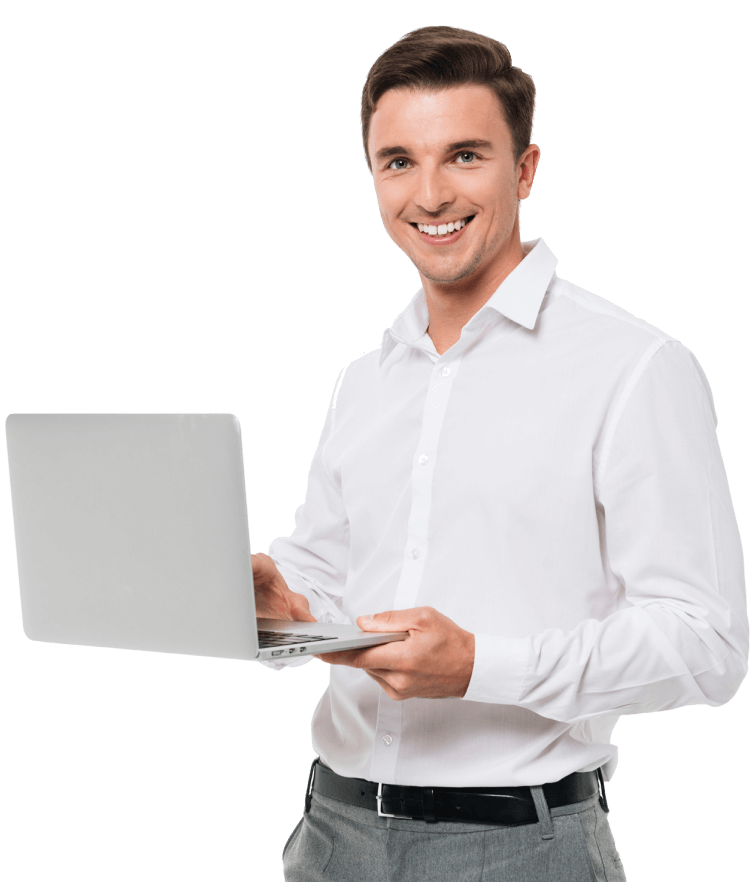 portrait happy young man holding laptop computer whello